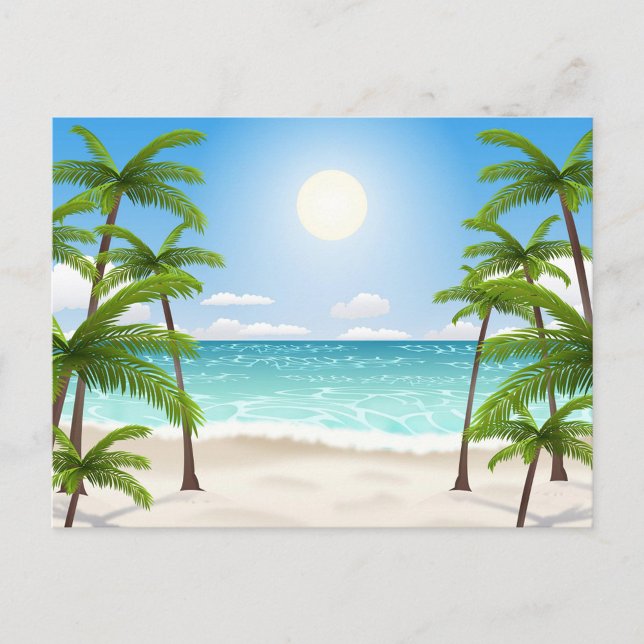 Cartão Postal Paisagem de Verão (A cartoon illustration of a tropical beach scene, featuring a bright blue sky with a radiant sun.)