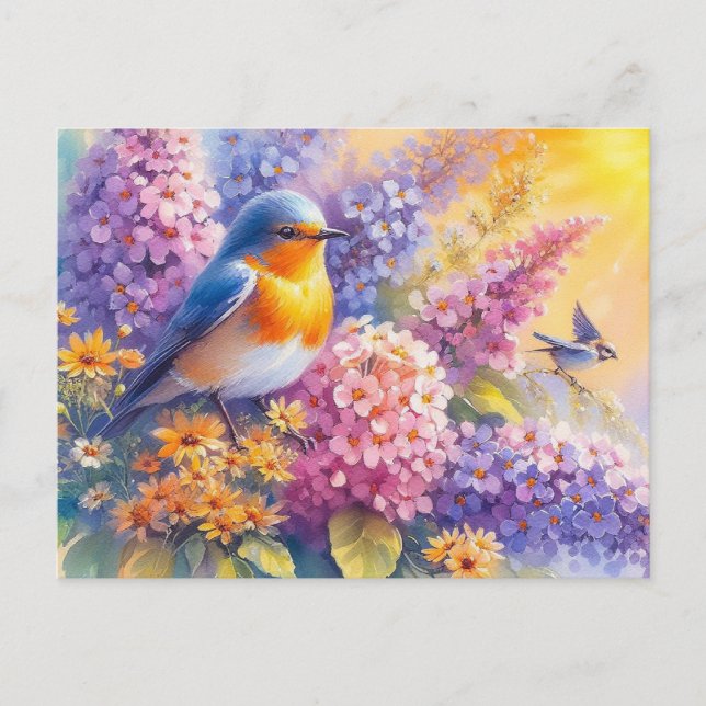 Cartão Postal Paisagem de Verão de Belas Aves 6 (Frente)