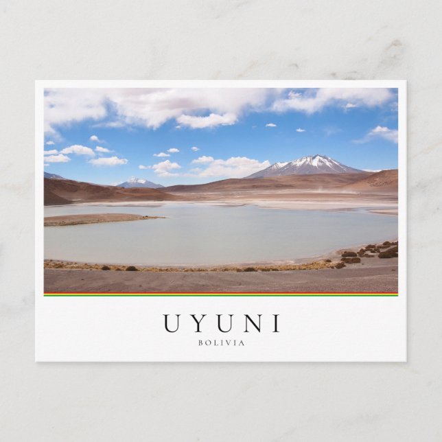 Cartão Postal Paisagem laca com vulcão perto de Uyuni, Bolívia (Frente)