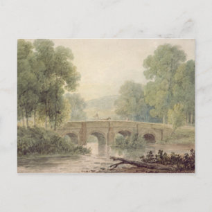 Cartão Postal Paisagem lenhosa com ponte de pedra sobre um rio