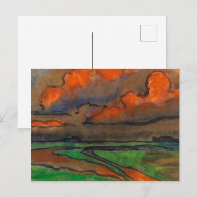 Cartão Postal Paisagem Marsh Sob Nuvens Vermelhas | Emil Nolde | (Frente/Verso)