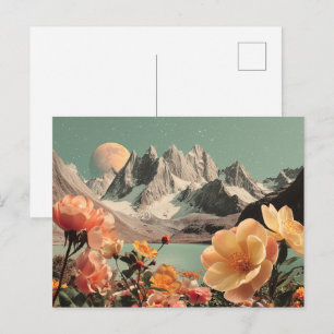 Cartão Postal Paisagem Montanhosa Surrealista Com Flores Em Flor
