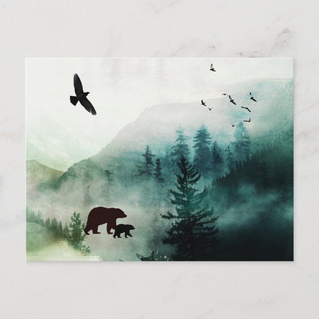 Cartão Postal Paisagem Montanhosa Ursos Pássaros Floresta (Frente)