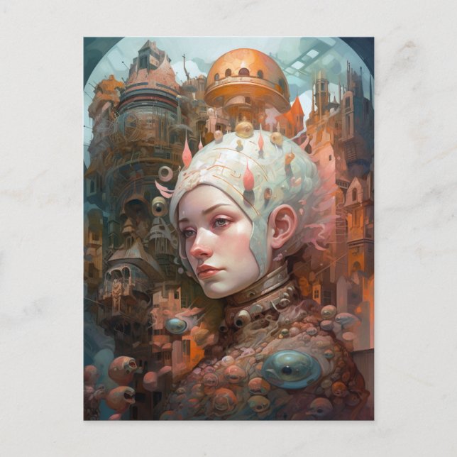 Cartão Postal Paisagem Mulher de Ficção Científica Surreal (Frente)
