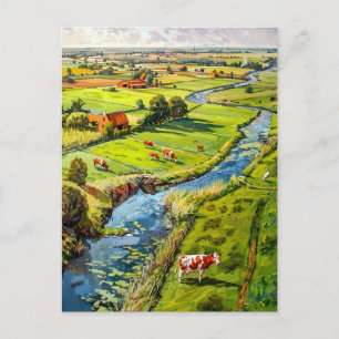 Cartão Postal Paisagem Rural com Vacas e Córrego Pintura Fantasi