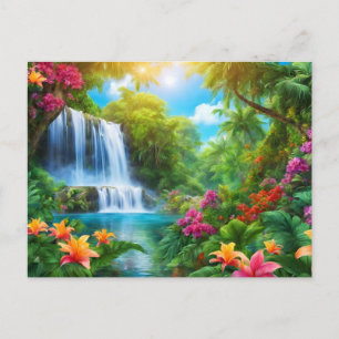 Cartão Postal Paisagem Tropical com Flores, Cachoeira