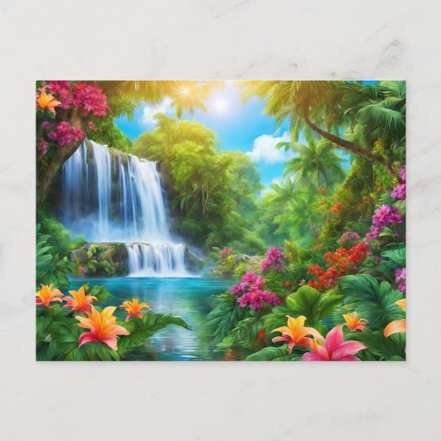Cartão Postal Paisagem tropical com flores, cascata (Frente)