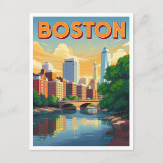 Cartão Postal Paisagem Urbana de Boston Massachusetts Arte Vinta