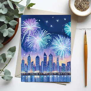 Cartão Postal Paisagem Urbana de Fogos de Artifício Aquarela D