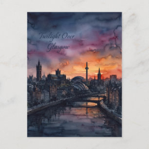Cartão Postal Paisagem Urbana de Glasgow ao Pôr-do-Sol em Aquare