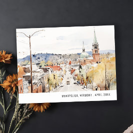 Cartão Postal Paisagem Urbana de Montpelier Vermont Aquarela Via