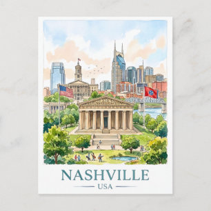 Cartão Postal Paisagem Urbana de Nashville Tennessee em Aquarela