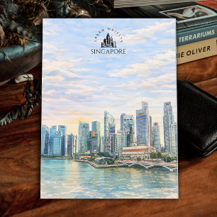 Cartão Postal Paisagem Urbana de Singapura Paisagem em Aquarel