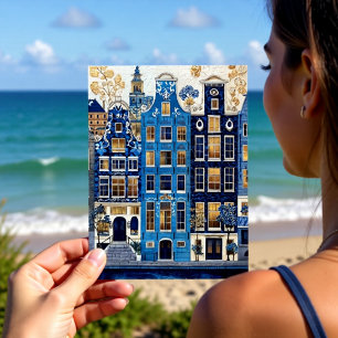Cartão Postal Paisagem Urbana Dourada Azul de Delft