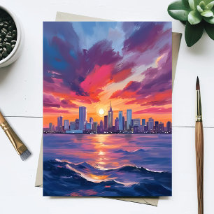 Cartão Postal Paisagem Urbana Pôr do Sol   Aquarela da Silhueta 