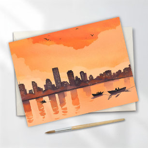 Cartão Postal Paisagem Urbana Pôr do Sol Aquarela da Silhueta
