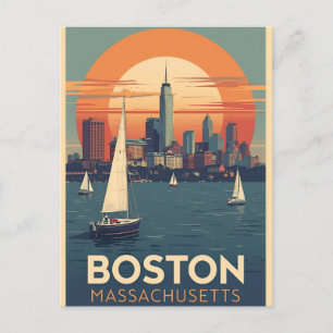 Cartão Postal Paisagem Urbana Retrô de Boston & Barcos à Vela   