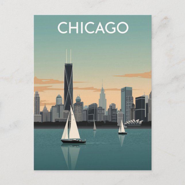 Cartão Postal Paisagens de Chicago com Barcos à Vela (Frente)