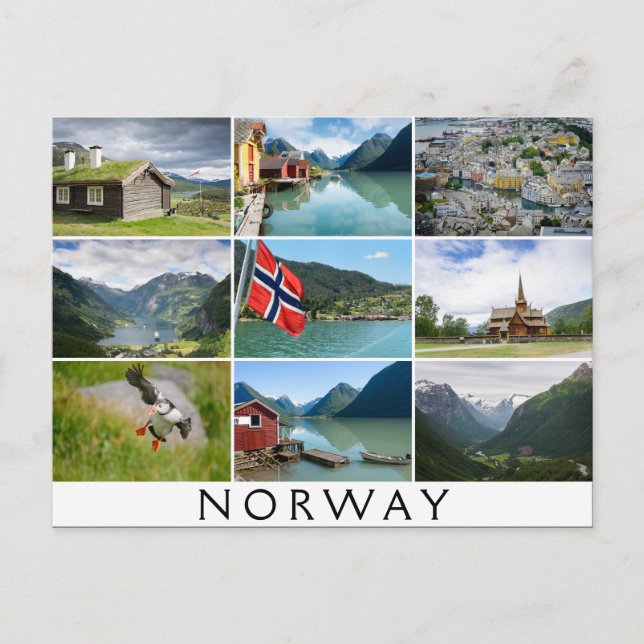 Cartão Postal Paisagens e texto: "Noruega" na colagem (Frente)
