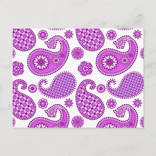 Cartão Postal Paisley, violeta, roxo e branco (Frente)