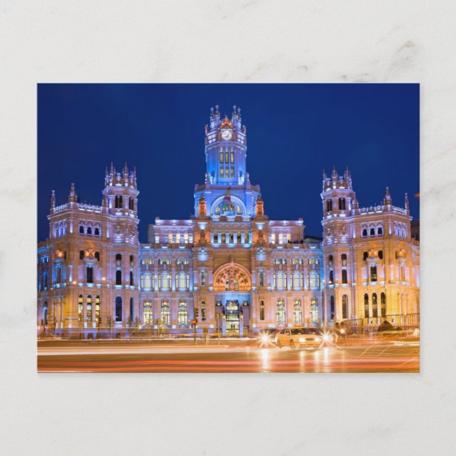 Cartão Postal Palacio de Comunicaciones à Noite em Madrid (Frente)