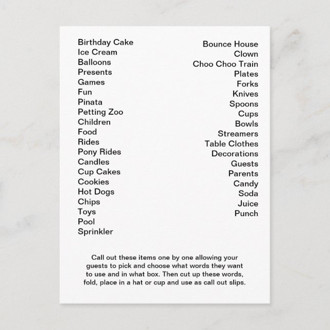 Cartão Postal Palavras de Chamada da Cartela de Bingo de Anivers (Frente)