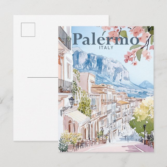 Cartão Postal Palermo Itália Watercolor Painting Viagem (Frente/Verso)