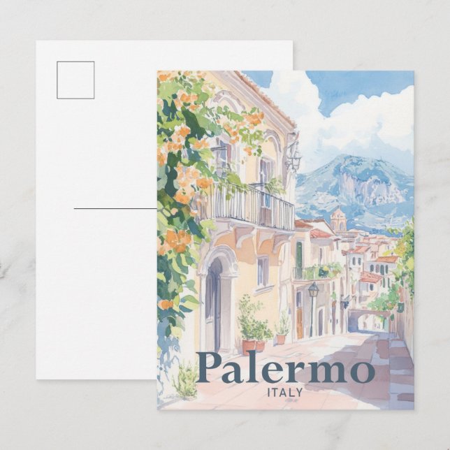 Cartão Postal Palermo Itália Watercolor Painting Viagem (Frente/Verso)