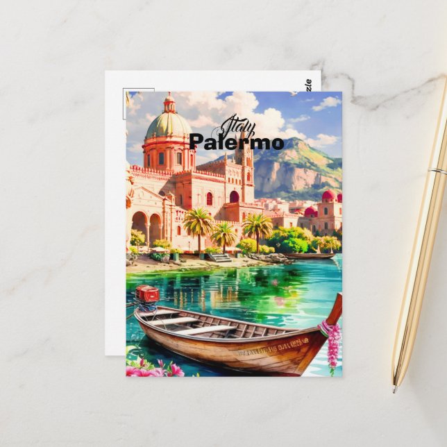 Cartão Postal Palermo Italy Travel Poster, Sicily Cityscape Wall (Frente/Verso In Situ)