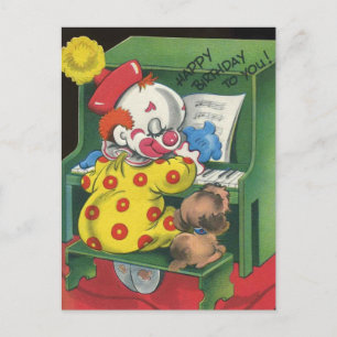 Cartão Postal Palhaço Antigo & Cachorro Cantam Feliz Aniversário