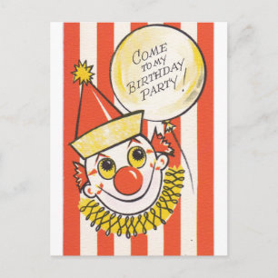 Cartão Postal Palhaço Antigo Venha à Minha Festa de Aniversário