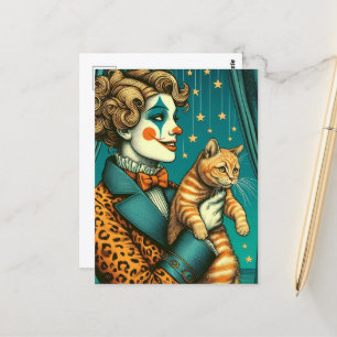 Cartão Postal Palhaço Loiro de Circo e um Gatinho Ruivo