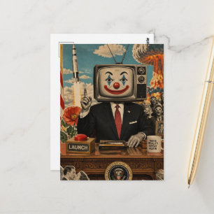 Cartão Postal Palhaço Retro na Mesa Colagem Surrealista