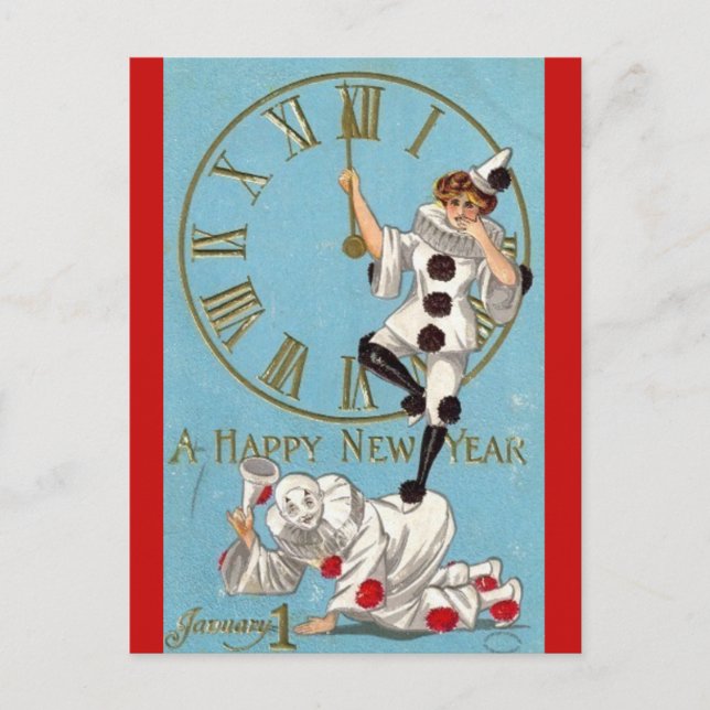 Cartão Postal Palhaços Antigos À Meia-Noite Feliz Ano Novo (Frente)