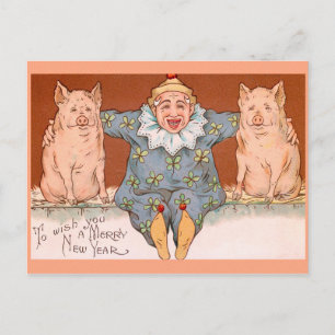 Cartão Postal Palhaços, porcos e símbolos de boa sorte do ano NO