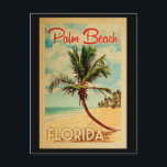 Cartão postal Palm Beach Palm Tree Beach Retro<br><div class="desc">Design de Palm Beach, na Flórida, em Viagens vintage, apresentando uma palmeira na praia com oceano e céu.</div>