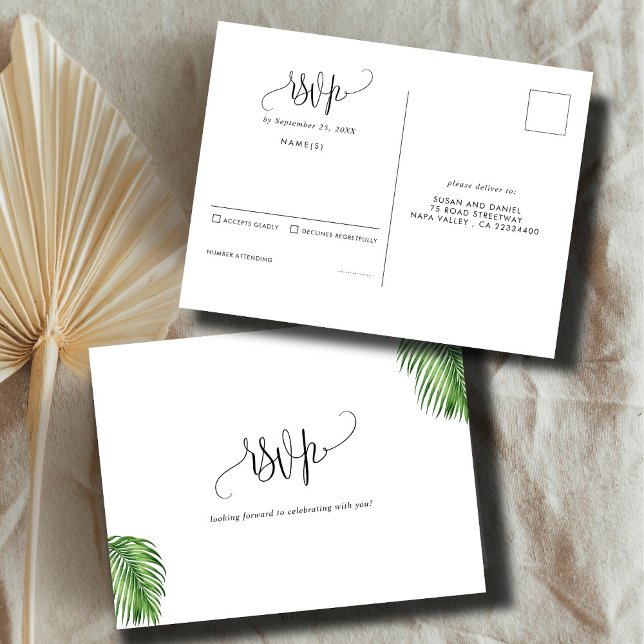 Cartão Postal Palma de Aquarela Tropical Deixa RSVP de Casamento (Criador carregado)