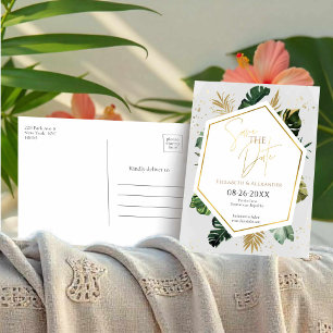 Cartão Postal Palmeiras Tropicais Dourado Letreiro Salvar a Data