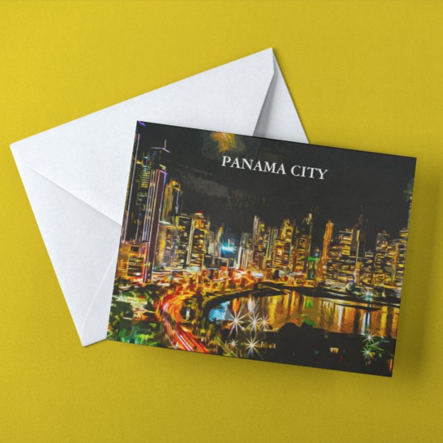 Cartão Postal Panamá City By Night Panorama View Painting (Panama City By Night Panorama View Painting Postcard)