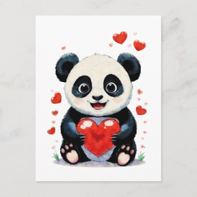 Cartão Postal Panda com Coração - Pintura Adorável do Amor (Frente)
