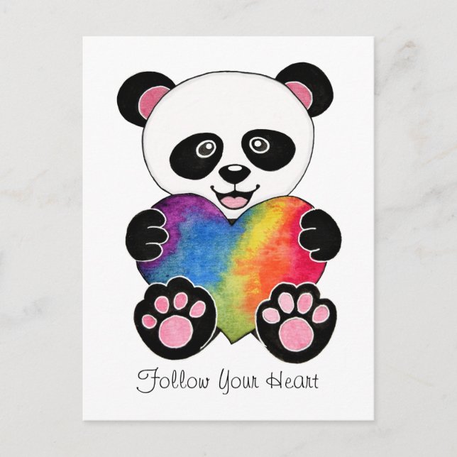 Cartão Postal Panda Cuta De Aquarela Com Coração Arco-Íris (Frente)