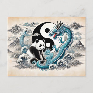 Cartão Postal Panda e Dragão Yin e Yang em Estilo de Arte Asiáti