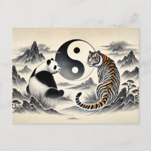 Cartão Postal Panda e Tigre Yin e Yang no Estilo de Arte Asiátic