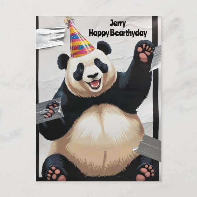 Cartão Postal Panda gigante sentado usando chapéu de aniversário (Frente)