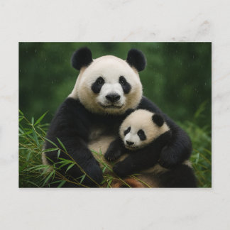 Cartão Postal Panda Mother & Cub in Gentle Rain