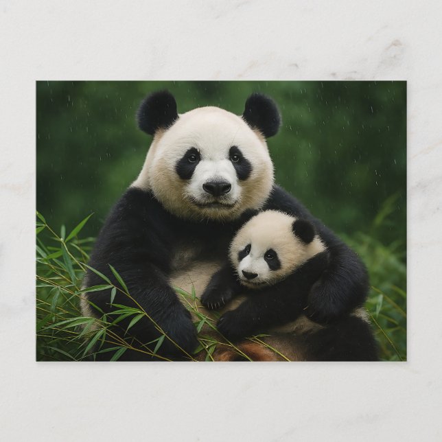 Cartão Postal Panda Mother & Cub in Gentle Rain (Frente)
