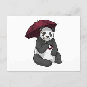 Cartão Postal Panda na chuva com guarda-chuva