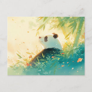 Cartão Postal Panda Sereno na Floresta de Bambu Iluminada pelo S