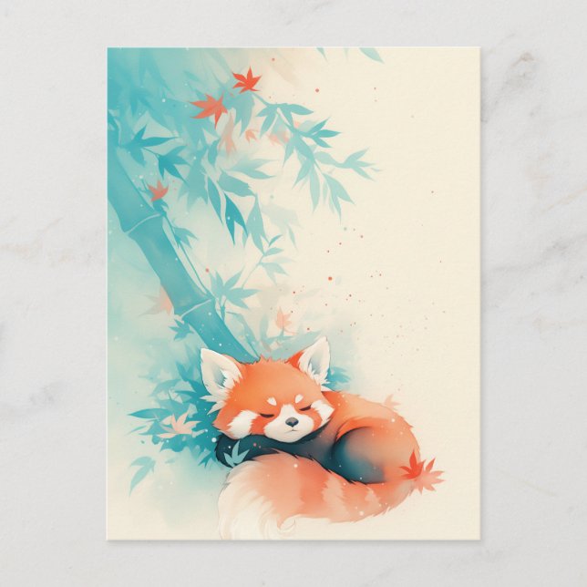 Cartão Postal Panda Vermelho Dormindo sob Bambu Azul (Frente)