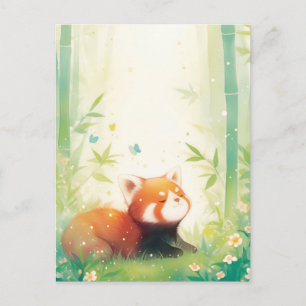 Cartão Postal Panda Vermelho Fofo na Floresta de Bambu
